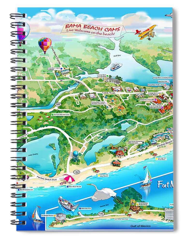 Alabama Beach Illustrated Map Spiral Notebook featuring the painting Alabama Beach Illustrated Map by Maria Rabinky