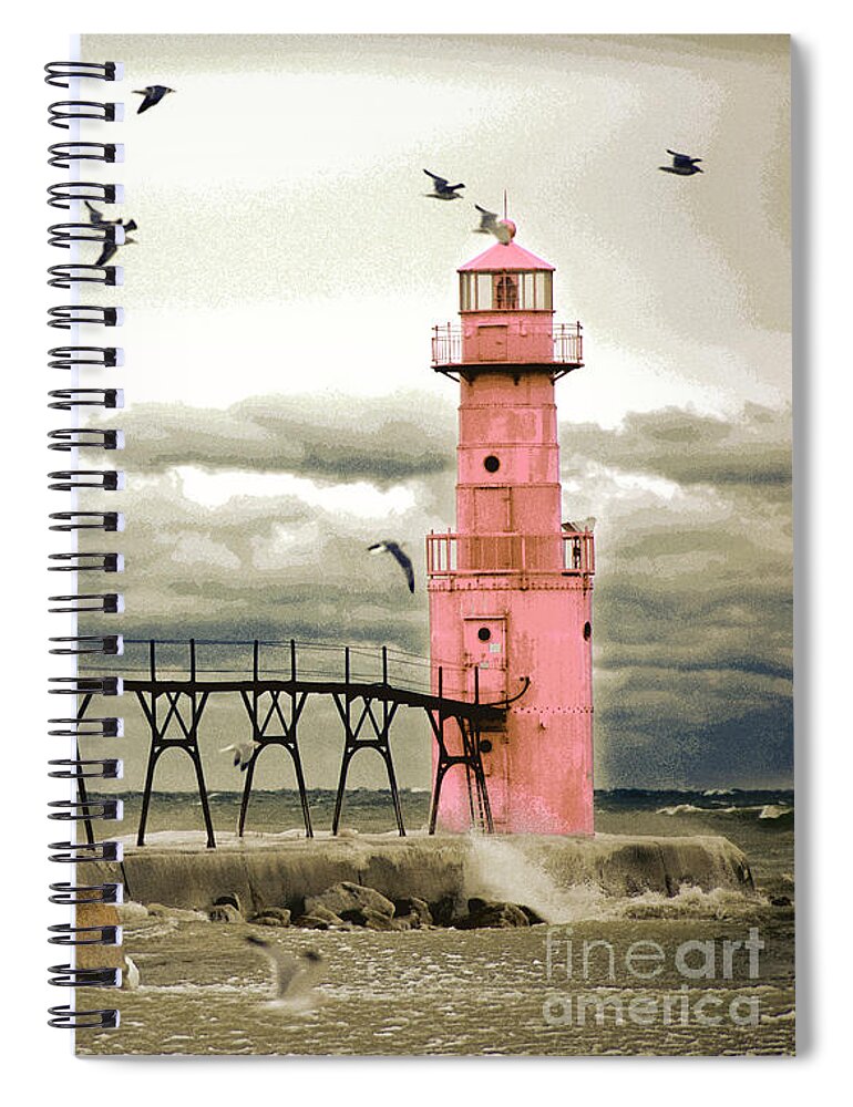 Algoma Pierhead Lighthouse Spiral Notebook featuring the digital art Algoma Pierhead Lighthouse by Wernher Krutein