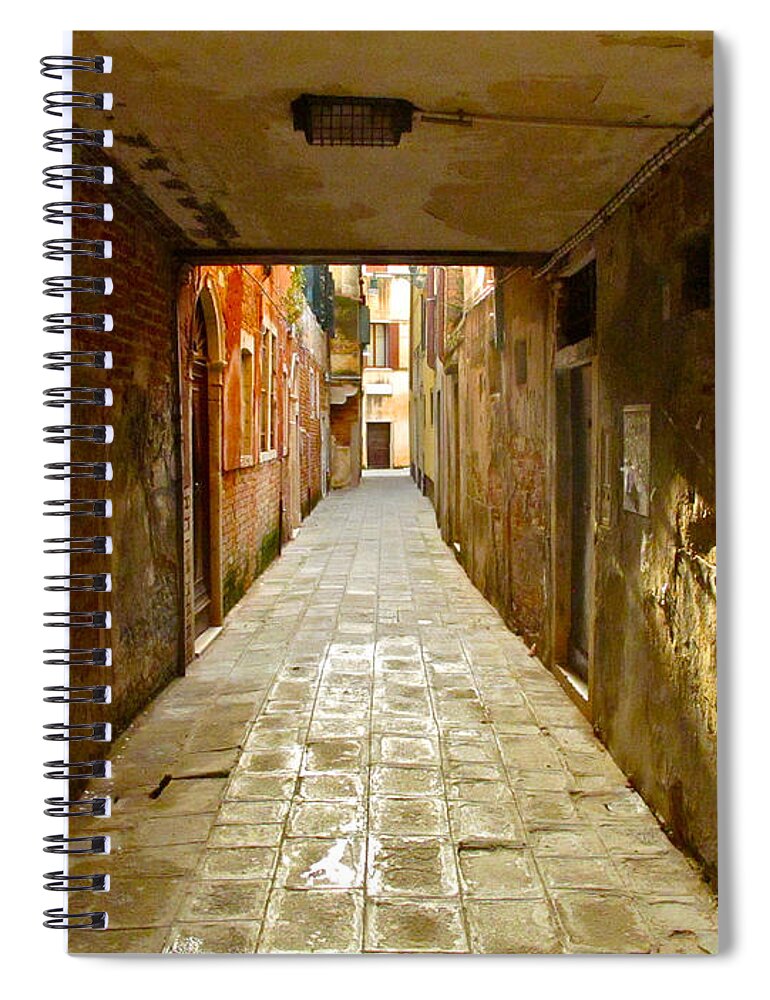 Venice Italy Alley Alleyway Sunlight Soft Sun Rainbow Peace Solitude Walking Sunray Italian Sign Stone Wall Square Rectangle Spiral Spiral Notebook featuring the photograph Alley in a Box by Lexi Heft