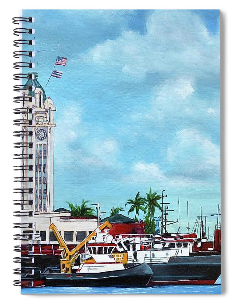 Aloha Spiral Notebook featuring the painting Aloha Tower by Larry Geyrozaga