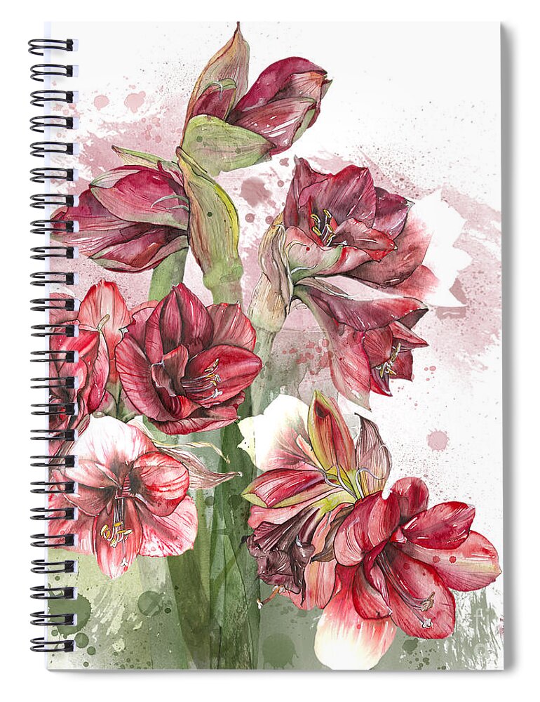 Amaryllis Spiral Notebook featuring the painting Amaryllis Flowers - 4. - Elena Yakubovich by Elena Daniel Yakubovich