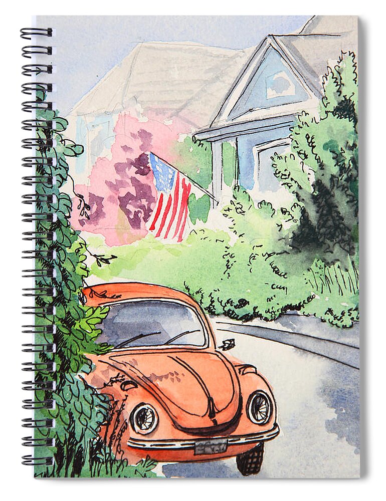 Volkswagen Beetle Spiral Notebook featuring the painting American Town by Masha Batkova