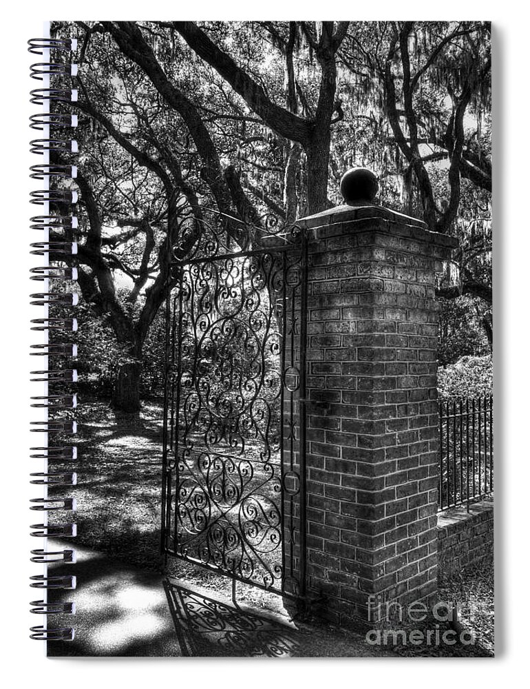 Gates Spiral Notebook featuring the photograph An Open Gate 2 bw by Mel Steinhauer