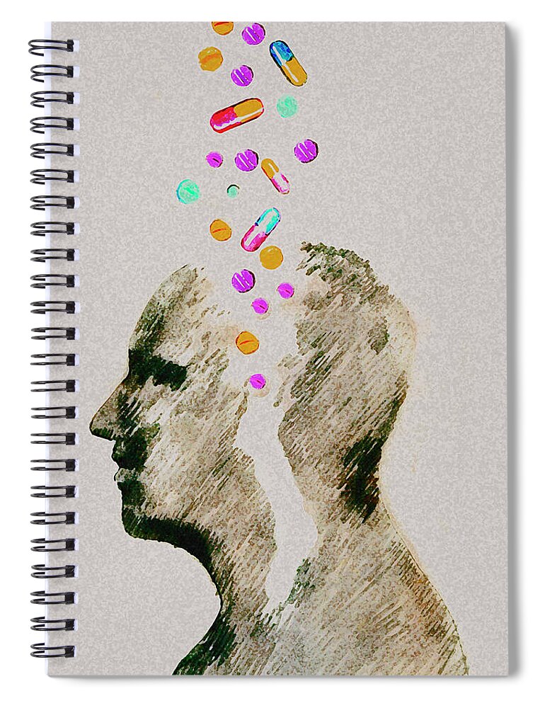 30-35 Spiral Notebook featuring the photograph Assorted Pills Falling Into Mans Head by Ikon Ikon Images