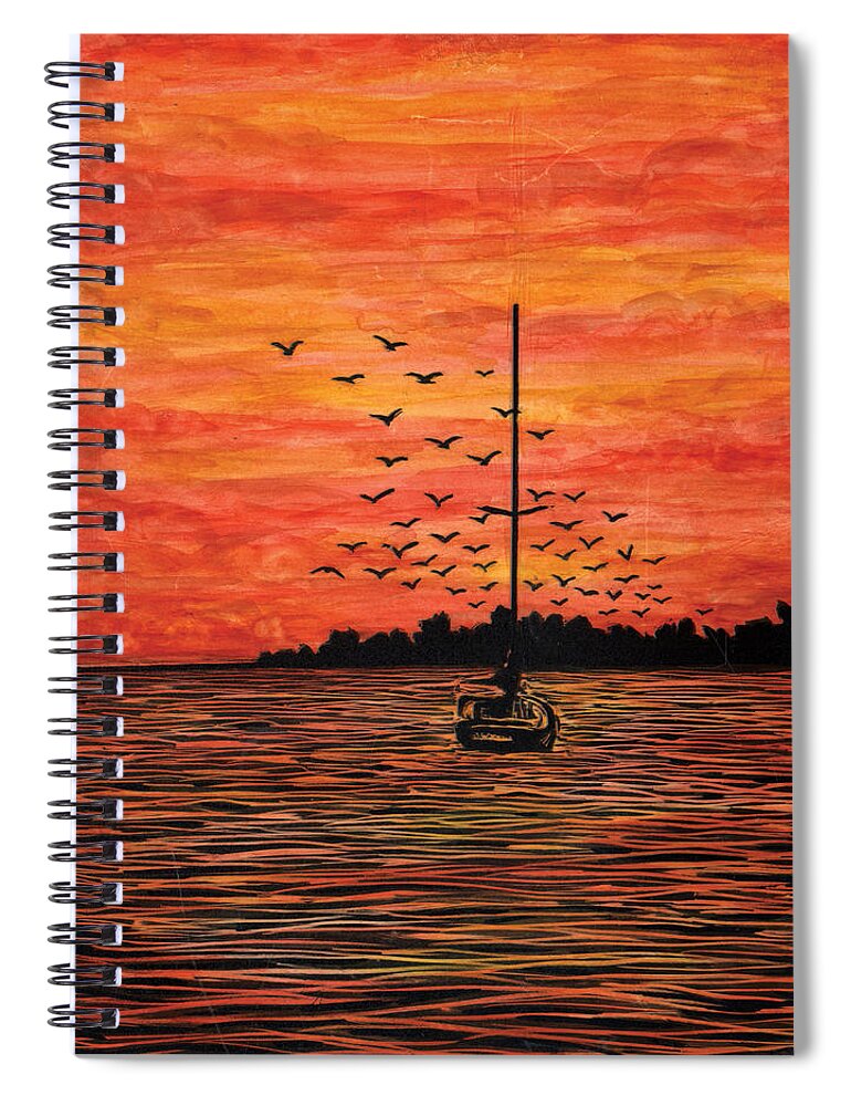 Boat Spiral Notebook featuring the mixed media At Anchor by Ricardo Levins Morales