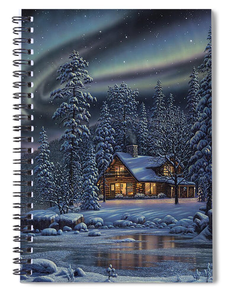 Winter Spiral Notebook featuring the painting Aurora Bliss by Kim Norlien