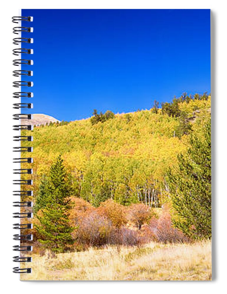 Autumn; Colorful; Fall Foliage; Autumn Colors; Trees; Nature; Aspens; Cottonwood; Winter; Autumn Landscape; Colorado Autumn; Colorado; Red; Orange; Gold; Blue; Blue Sky; Colorado Nature; Colorado Landscapes; Fine Art; Colorado Nature Landscape; James Bo Insogna; Decorative; Decoration; Corporate Art; Gifts; For Sale; Mountain; Rocky; Mountains; Rockies; Peak; Forest; Travel; Background; Green; Tree; Wilderness; Beautiful; Beauty; Seasons; October; September; Rocky Mountains; Saguache County; Spiral Notebook featuring the photograph Autumn Bonanza Panorama by James BO Insogna