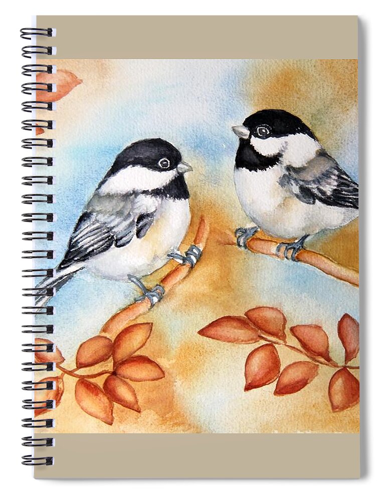 Chickadee Couple Spiral Notebook featuring the painting Autumn Chickadees by Inese Poga