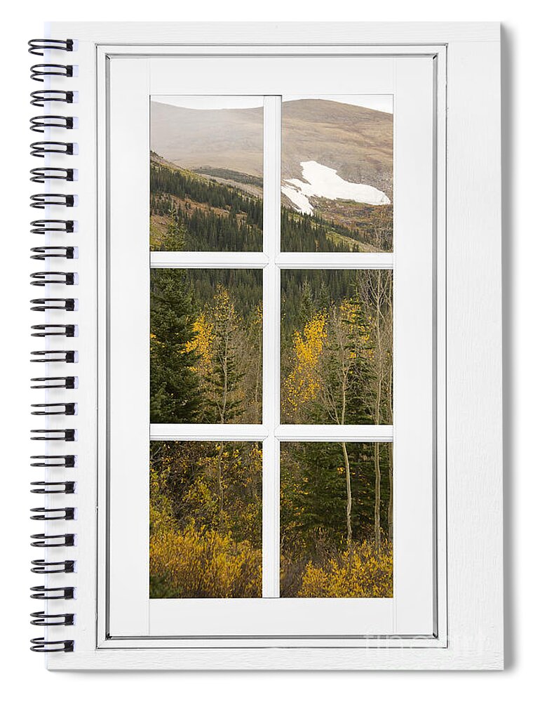 Windows Spiral Notebook featuring the photograph Autumn Rocky Mountain Glacier View Through a White Window Frame by James BO Insogna