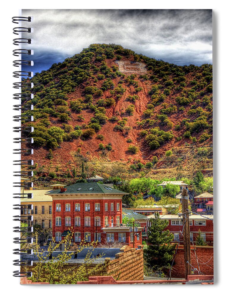 B Spiral Notebook featuring the photograph B Hill Over Historic Bisbee by Charlene Mitchell