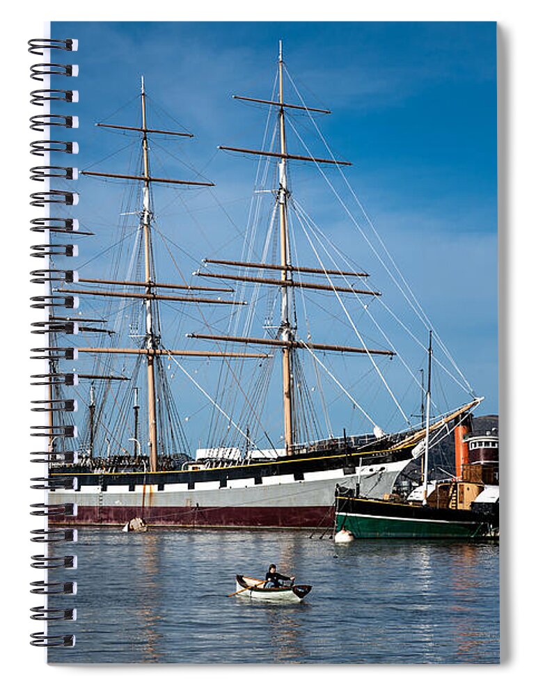Tall Ship Spiral Notebook featuring the photograph Rowing past Balclutha and Steamship Eppleton Hall by David Smith