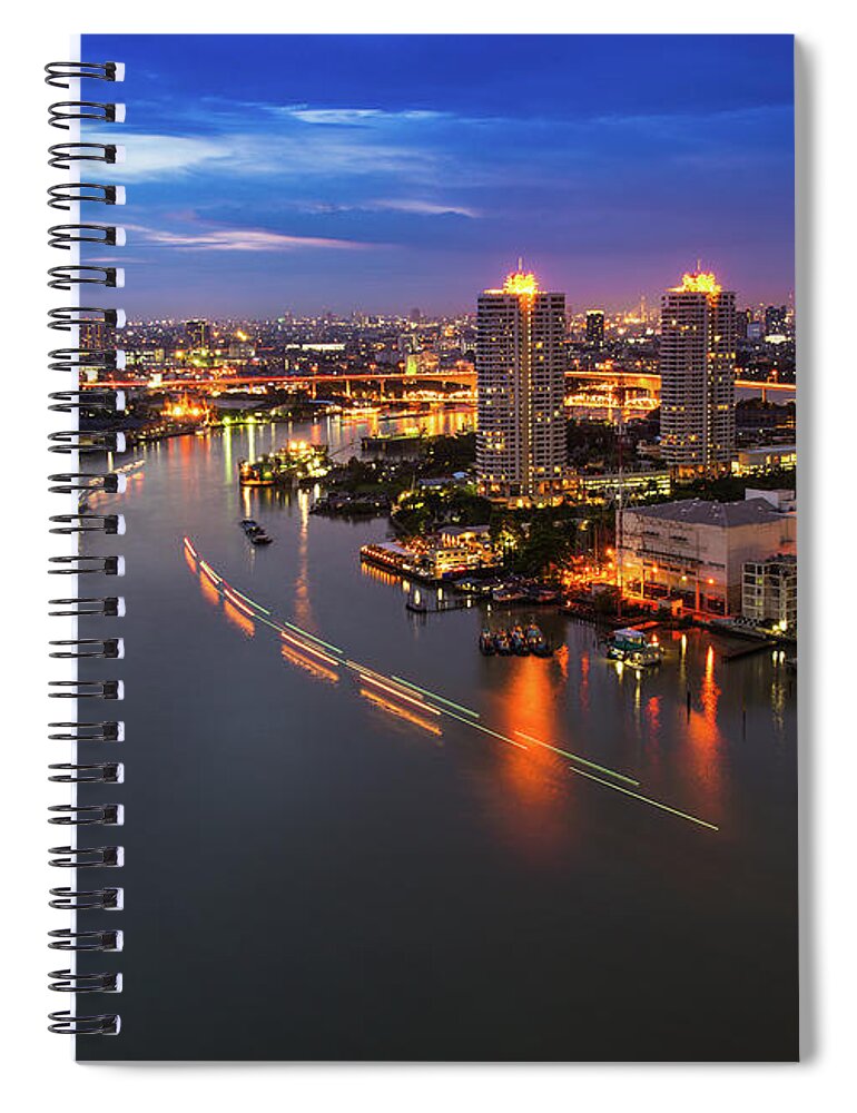 Outdoors Spiral Notebook featuring the photograph Bangkok City And River During Sunset by Naphakm
