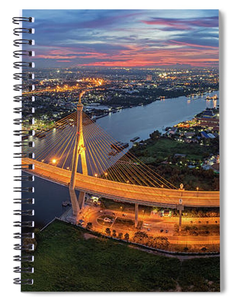 Bhumibol Bridge Spiral Notebook featuring the photograph Bangkok Panorama by Weerakarn Satitniramai