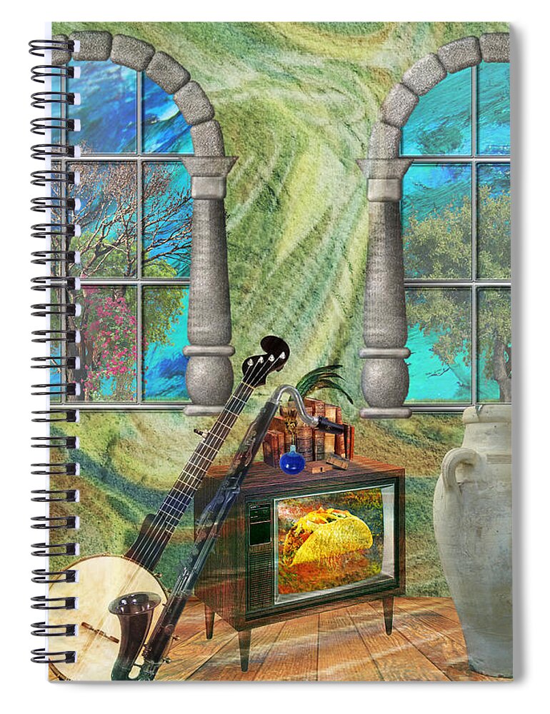 Banjo Spiral Notebook featuring the mixed media Banjo Room by Ally White