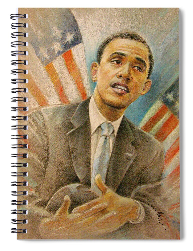 Barack Obama Portrait Spiral Notebook featuring the painting Barack Obama Taking it Easy by Miki De Goodaboom