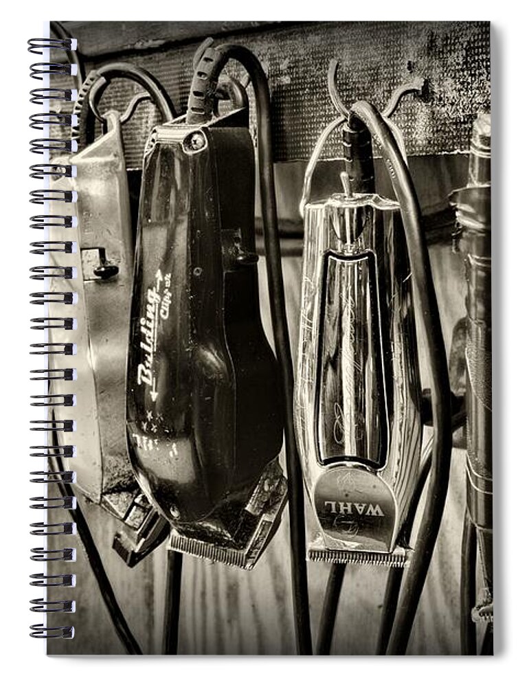 Vintage Barber Spiral Notebook featuring the photograph Barbershop Clippers in black and white by Paul Ward