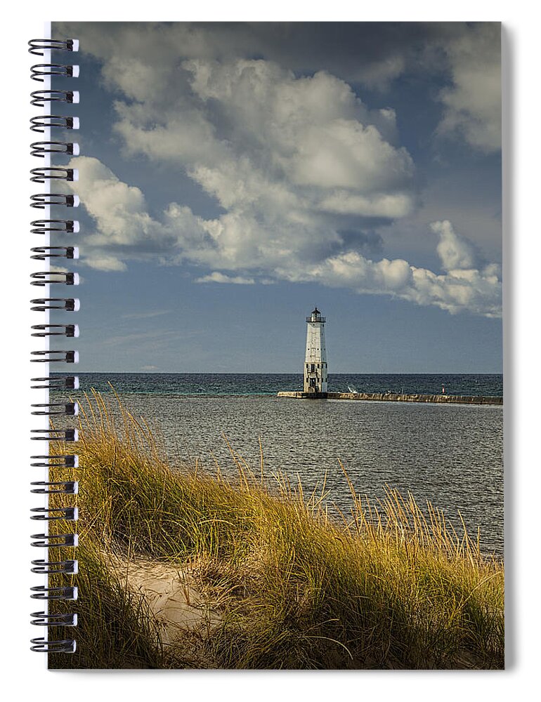 Art Spiral Notebook featuring the photograph Beach Grass Dune and the Frankfort Lighthouse on Lake Michigan by Randall Nyhof