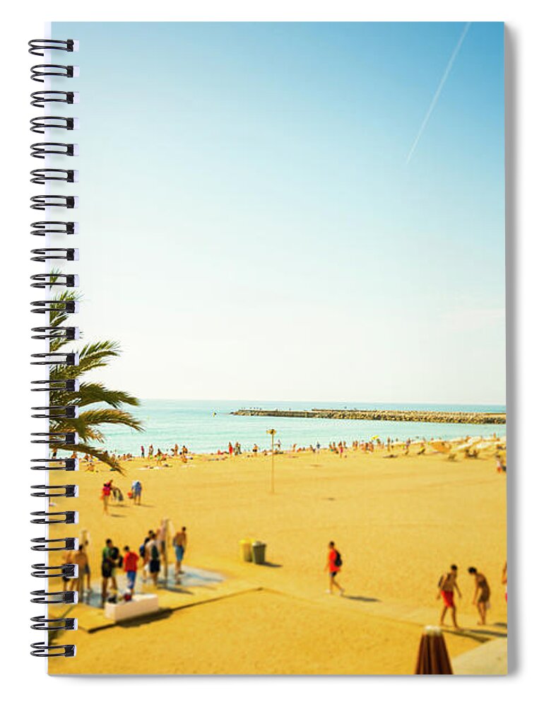 Orange Color Spiral Notebook featuring the photograph Beach With Parasol In Barcelona, Spain by Mmac72