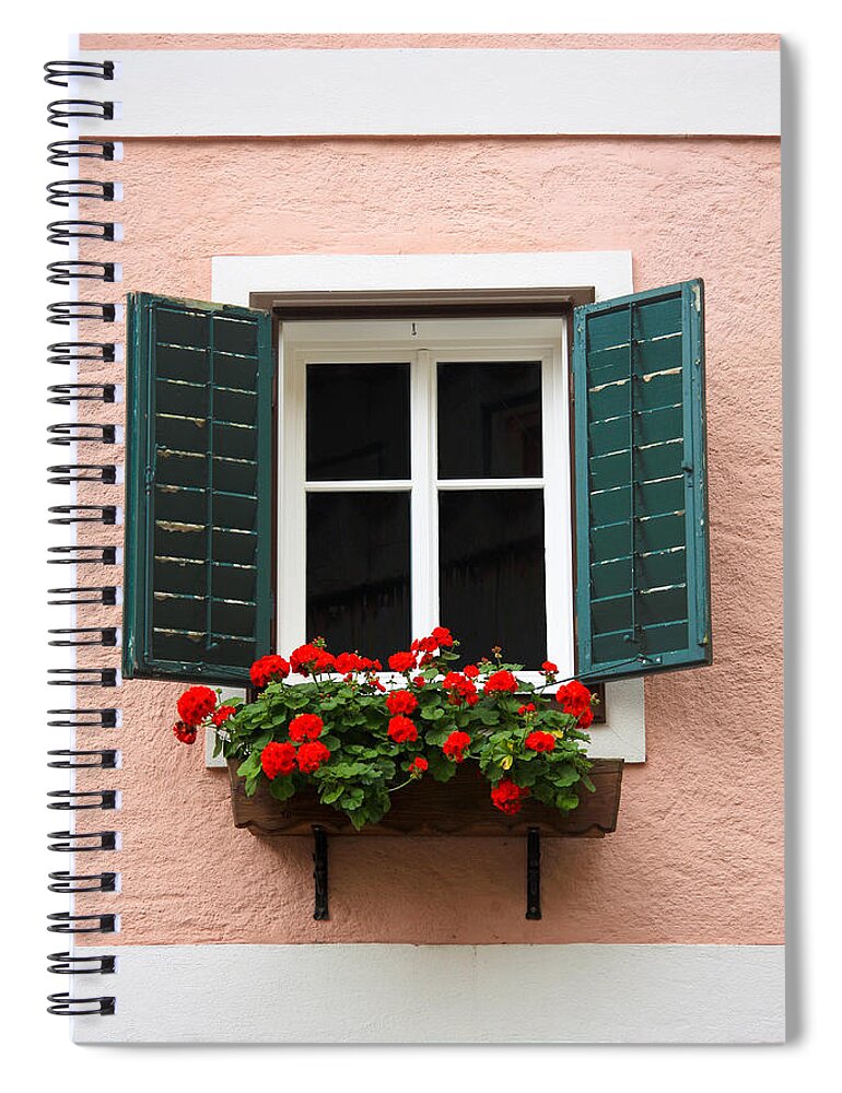 Austria Spiral Notebook featuring the photograph Beautiful window with flower box and shutters by Sue Leonard