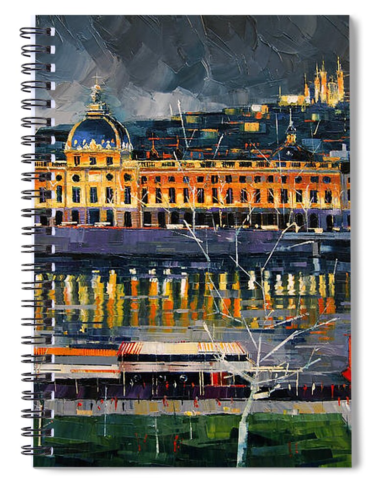 Before The Storm View On Hotel Dieu Lyon And The Rhone France Spiral Notebook featuring the painting Before The Storm - View On Hotel Dieu Lyon And The Rhone France by Mona Edulesco