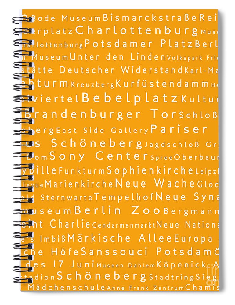 City Spiral Notebook featuring the digital art Berlin in Words Orange by Sabine Jacobs