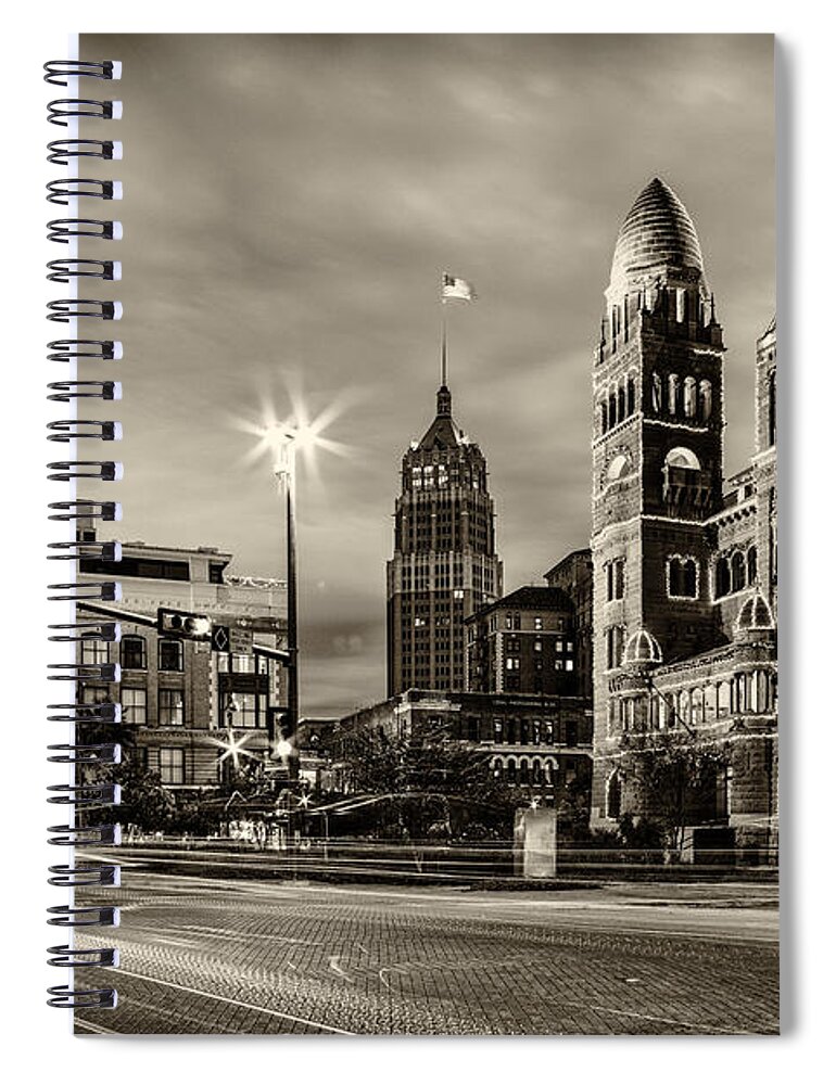 San Spiral Notebook featuring the photograph Bexar County Courthouse and Tower Life Building Main Plaza in BW Monochrome - San Antonio Texas by Silvio Ligutti