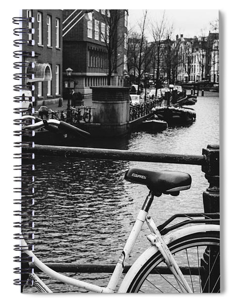 Black And White Spiral Notebook featuring the photograph Bicycle And An Amsterdam Canal by Pati Photography