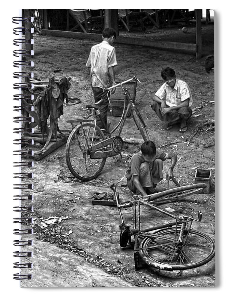 Bicyle Spiral Notebook featuring the photograph Bicycle repair in Amarapura by RicardMN Photography