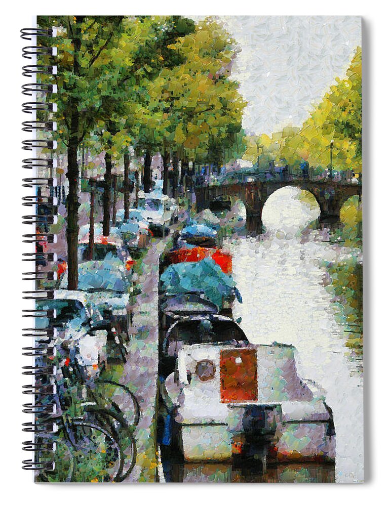 Architecture Spiral Notebook featuring the photograph Bikes and boats in Old Amsterdam by Mick Flynn
