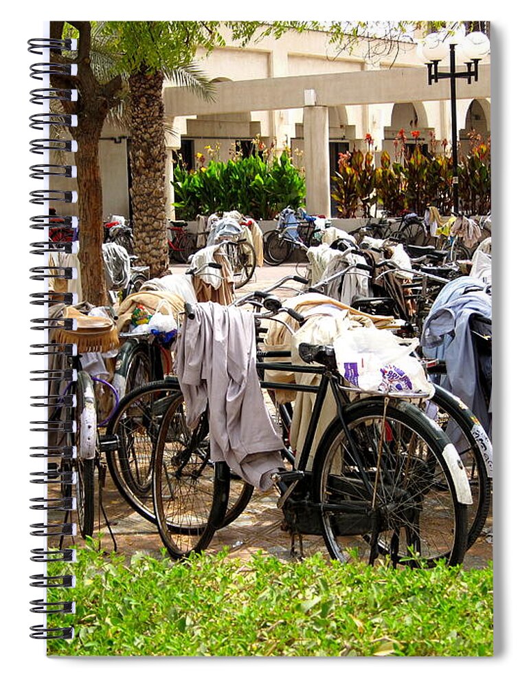 Bikes Spiral Notebook featuring the photograph Bikes waiting for their owners by Amanda Mohler