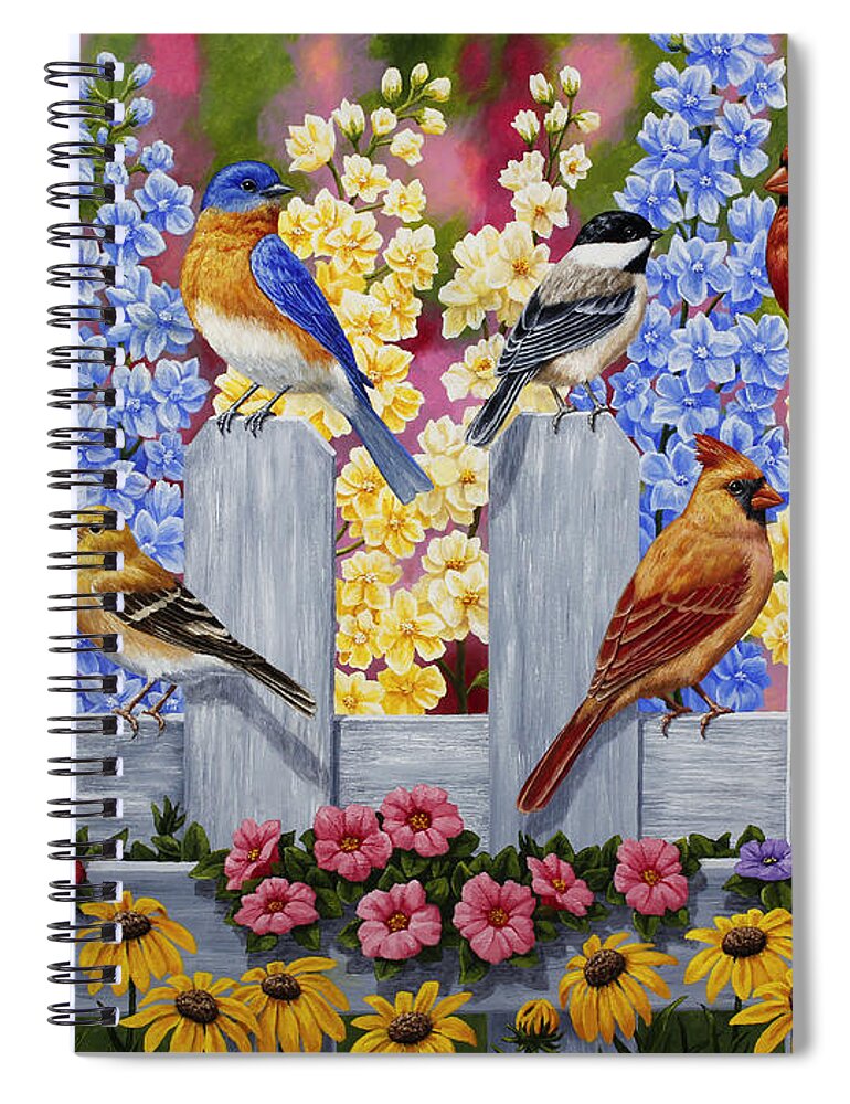 Birds Spiral Notebook featuring the painting Bird Painting - Spring Garden Party by Crista Forest