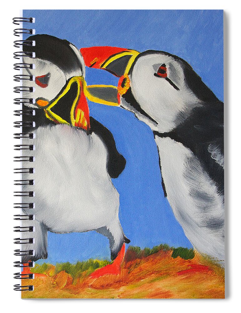 Atlantic Puffin Spiral Notebook featuring the painting A Mother's Love by Meryl Goudey