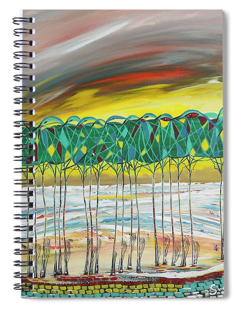 Birds Spiral Notebook featuring the painting Birds at the tree by Sima Amid Wewetzer
