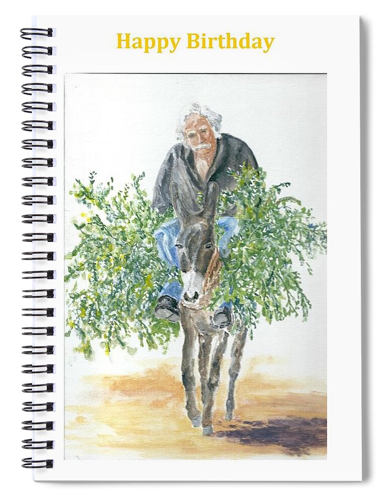 Crete Spiral Notebook featuring the painting Birthday card with Cretan man and donkey by David Capon