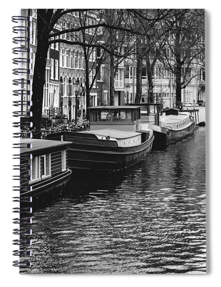 Amsterdam Spiral Notebook featuring the photograph Black and White Amsterdam Canal by Pati Photography