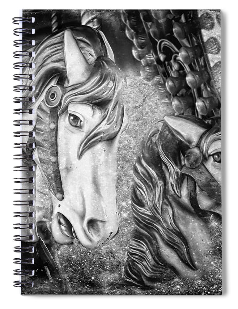 Black And White Carousel Horses Spiral Notebook featuring the photograph Black and White Carousel Horses by Melissa Bittinger