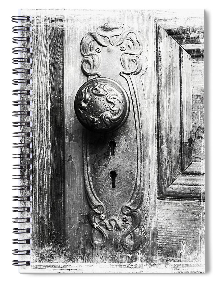 Door Knob Spiral Notebook featuring the photograph Black and White Distressed Door Knob by Melissa Bittinger