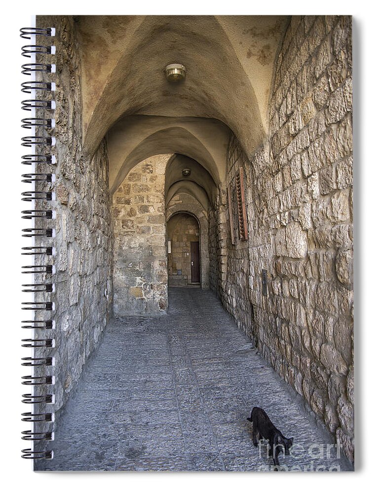 Ancient Spiral Notebook featuring the photograph Black Cat In Jerusalem Israel by JM Travel Photography