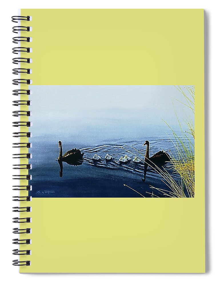 Black Swans Spiral Notebook featuring the painting Black Swans by Hartmut Jager