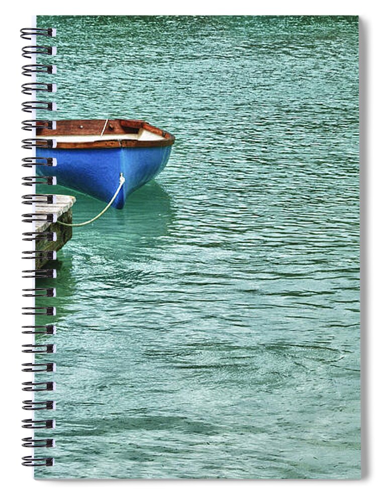 Blue Spiral Notebook featuring the digital art Blue Boat Off Dock by Michael Thomas