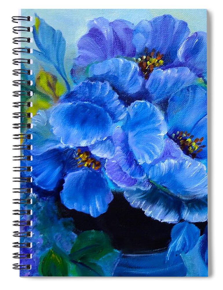Blue Floral Spiral Notebook featuring the painting Blue Poppies by Jenny Lee