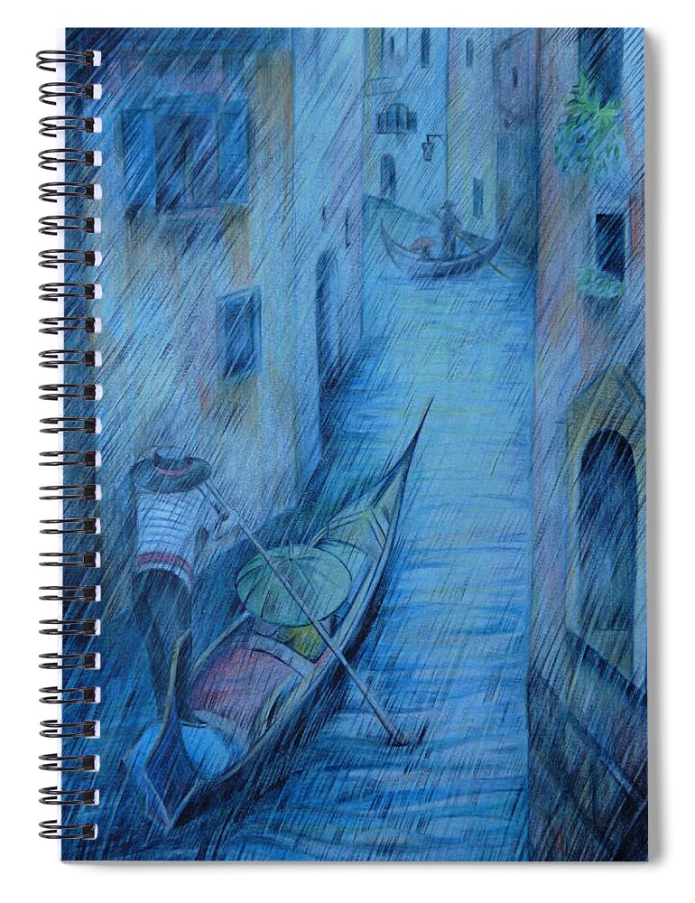 Travel Spiral Notebook featuring the drawing Blue Rain of Venice by Anna Duyunova