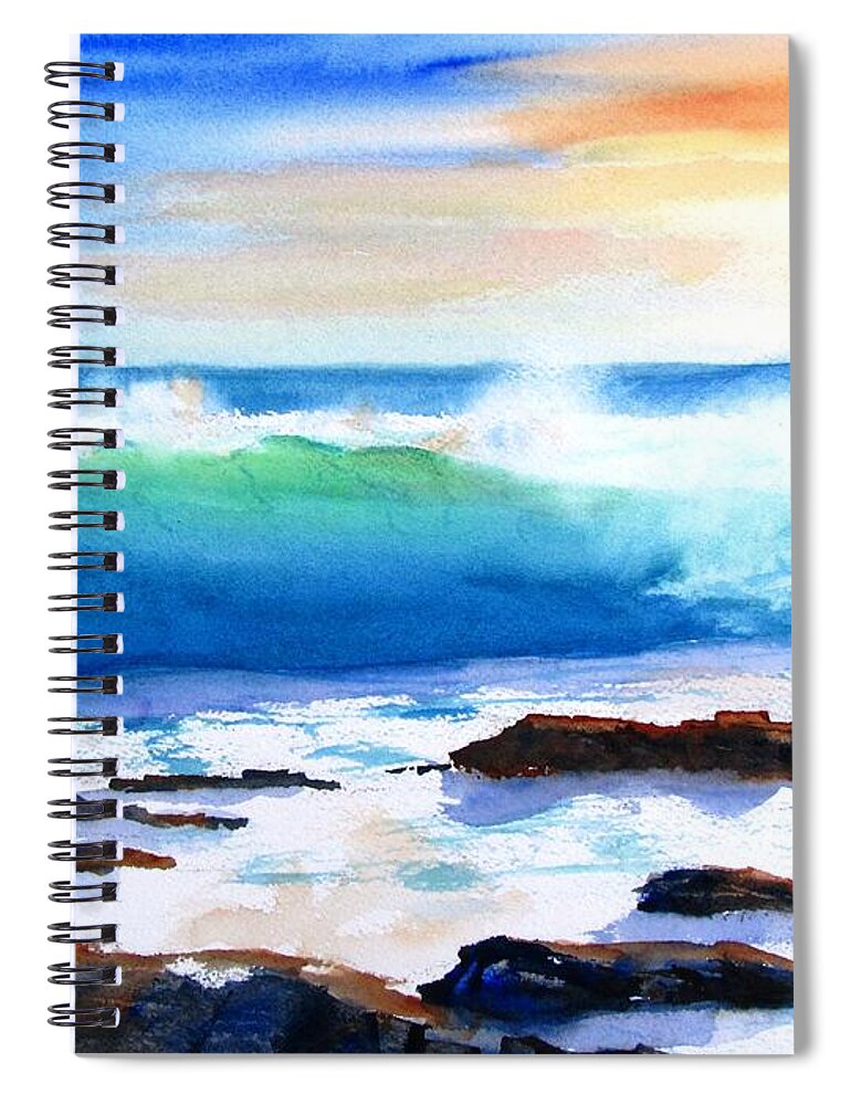 Ocean Spiral Notebook featuring the painting Blue Water Wave crashing on Rocks by Carlin Blahnik CarlinArtWatercolor