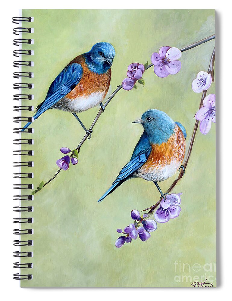 Bluebirds Spiral Notebook featuring the painting Bluebirds and Blossoms by Debbie Hart