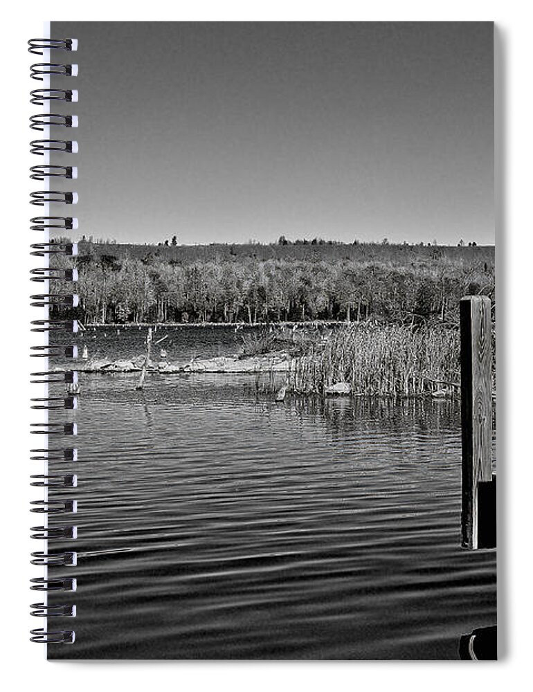 Black And White Photography Spiral Notebook featuring the photograph Boat Dock Black and White by Gwen Gibson