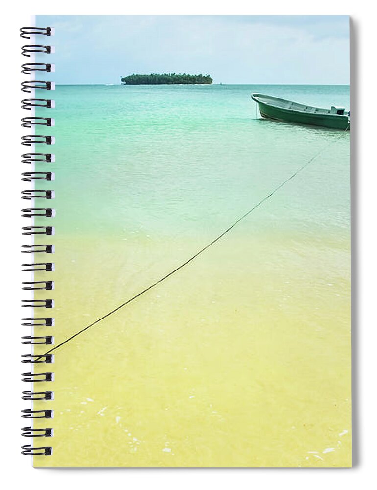 Tranquility Spiral Notebook featuring the photograph Boat Tied. Beach Of A Tropical Island by Volanthevist