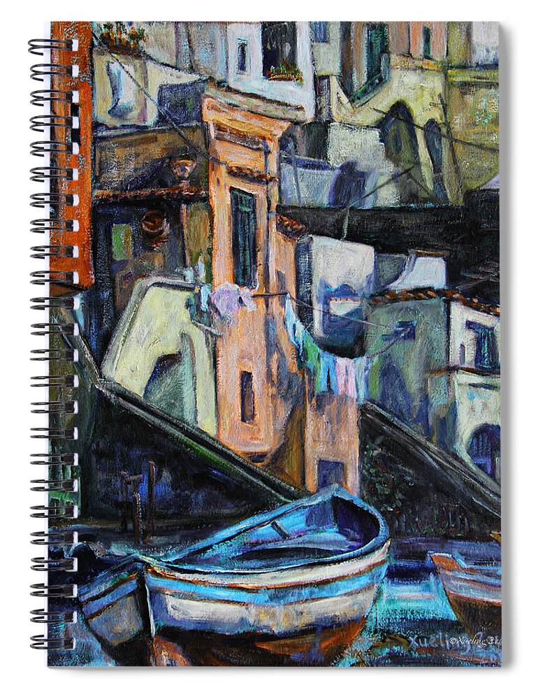 Scenery Spiral Notebook featuring the painting Boats in front of the Buildings I by Xueling Zou