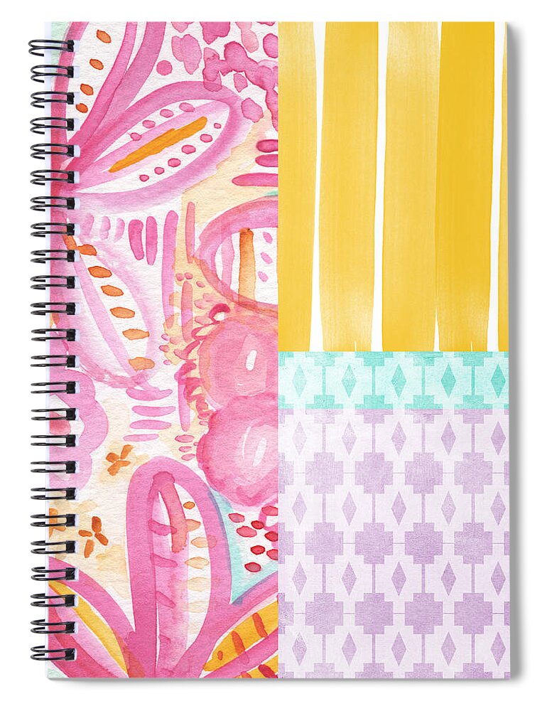 Aztec Spiral Notebook featuring the painting Boho Aztec Patchwork- flower painting by Linda Woods