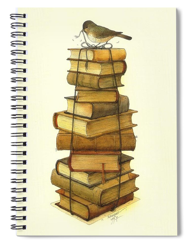 Books Greeting Cards Birds Spiral Notebook featuring the painting Books and little Bird by Kestutis Kasparavicius