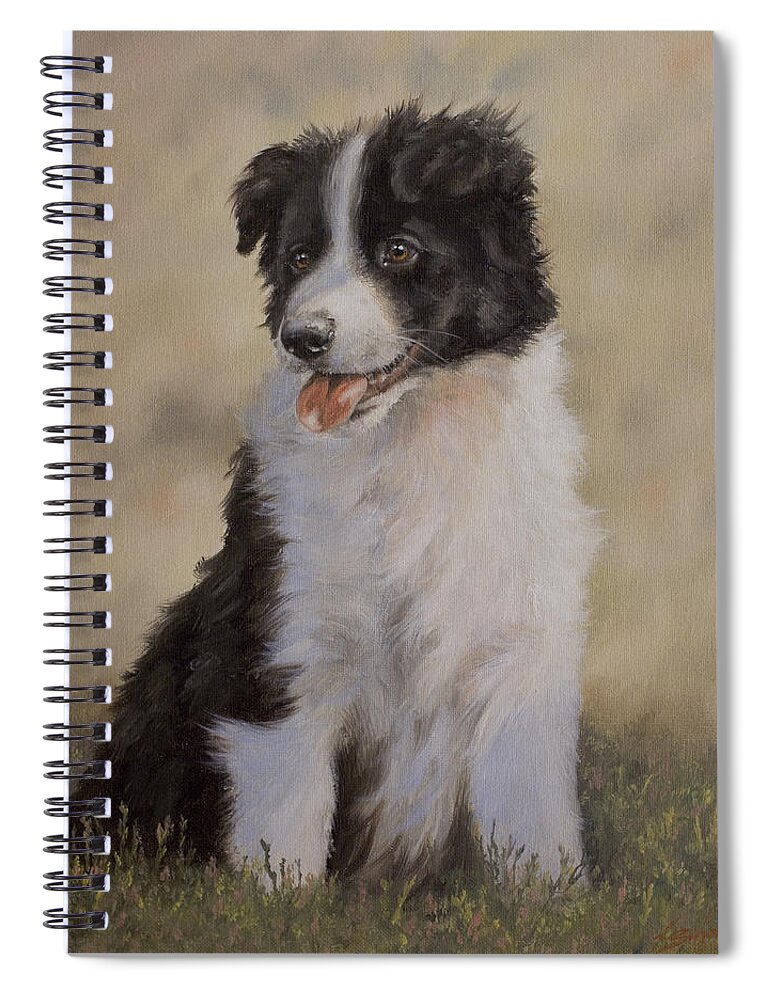 Border Collie Spiral Notebook featuring the painting Border Collie pup portrait V by John Silver